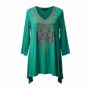 NWT Cotton Calessa Boho Resort Teal Embroidered Lightweight Tunic Large Stretch